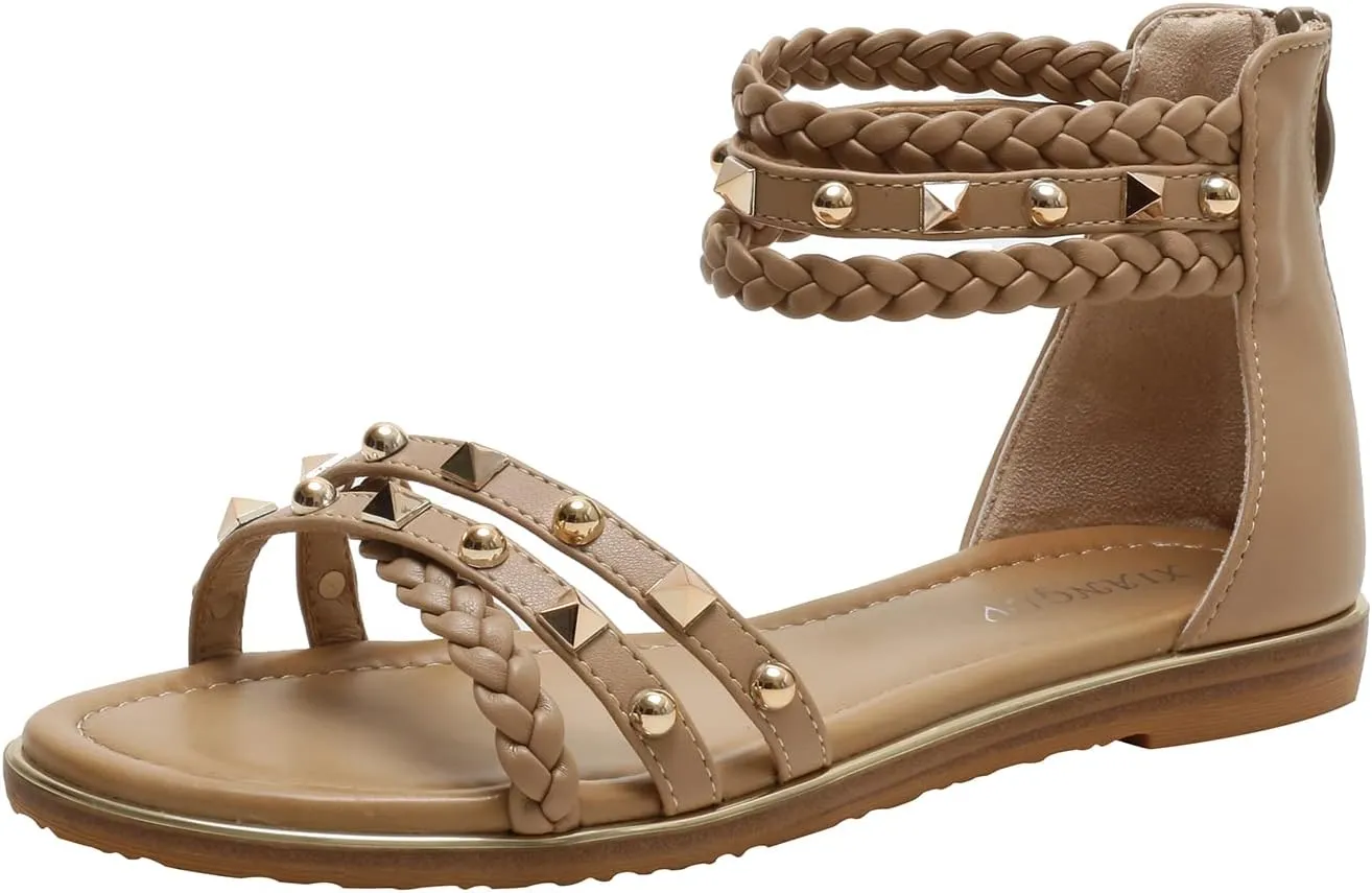Womens Summer Rhinestone Embellished Flat Braided Shoes Studding Gladiator Sandals with Zipper Closure