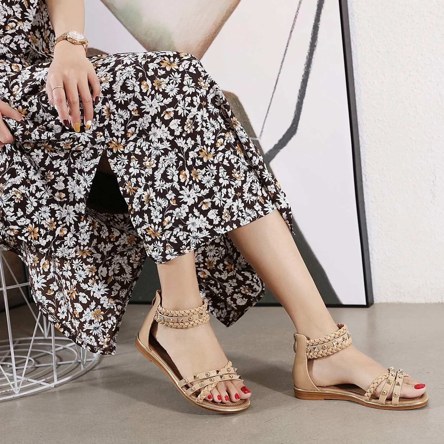 Womens Summer Rhinestone Embellished Flat Braided Shoes Studding Gladiator Sandals with Zipper Closure