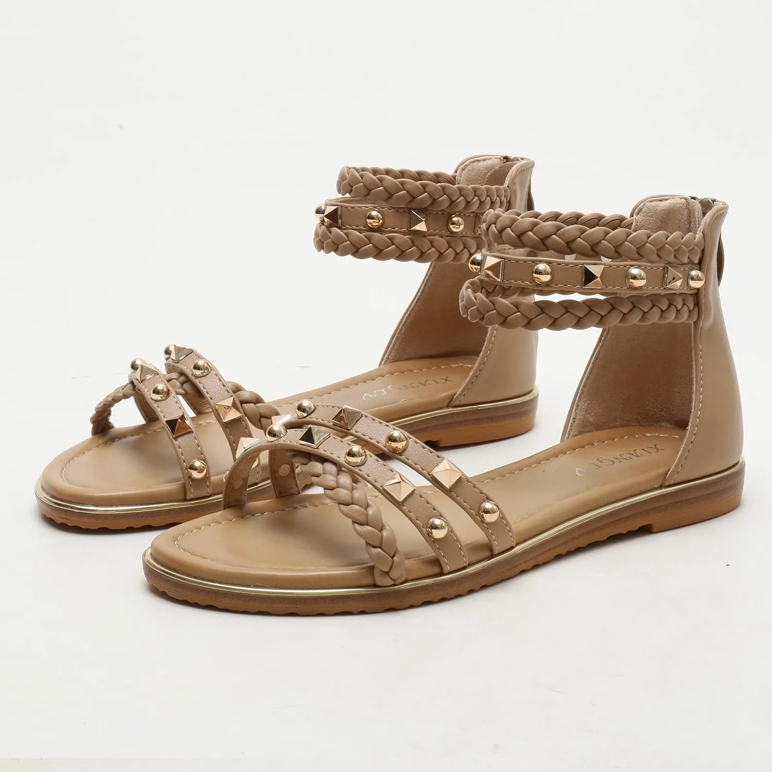 Womens Summer Rhinestone Embellished Flat Braided Shoes Studding Gladiator Sandals with Zipper Closure