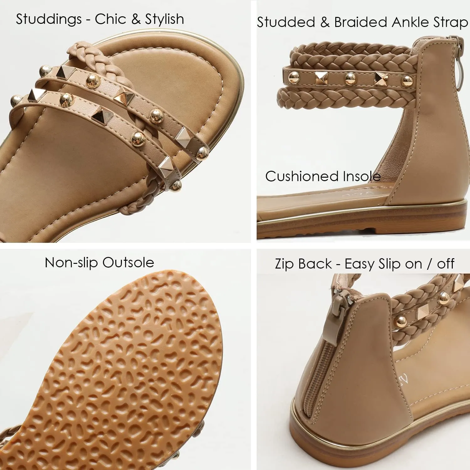 Womens Summer Rhinestone Embellished Flat Braided Shoes Studding Gladiator Sandals with Zipper Closure