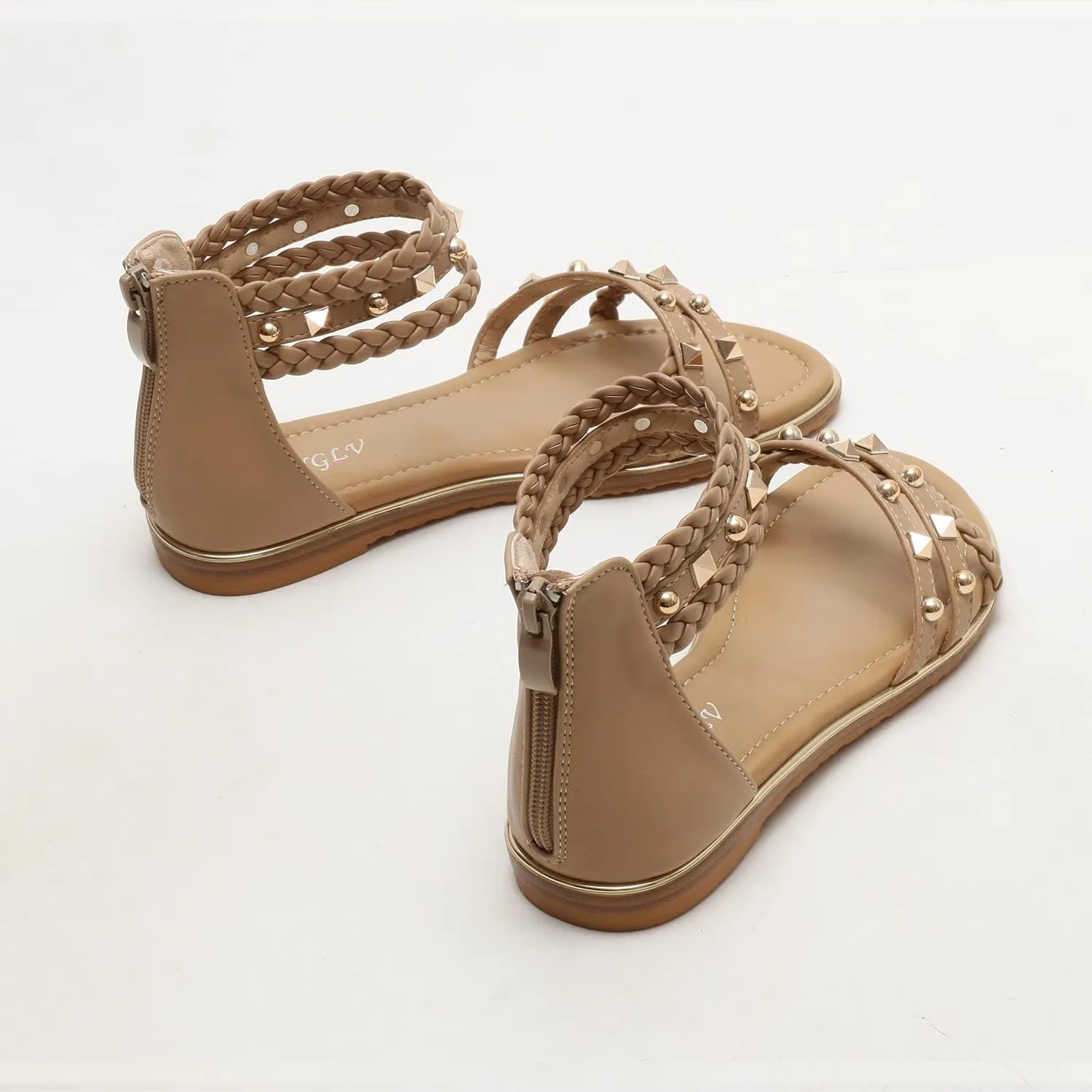 Womens Summer Rhinestone Embellished Flat Braided Shoes Studding Gladiator Sandals with Zipper Closure