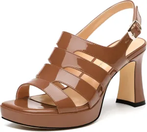 Women's thick soled sandals, square open toe thick heel women's ankle strap sandals, buckle leather insole sandals 3.3 inches, sexy thick heel sandals