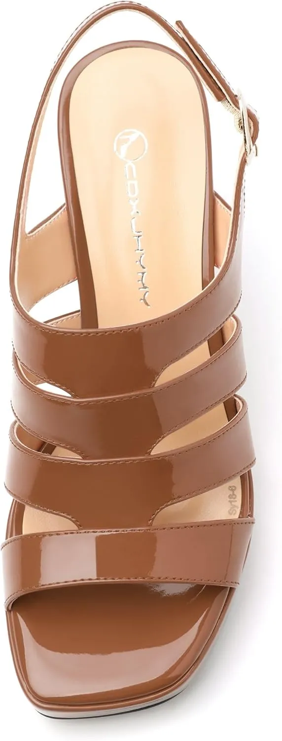 Women's thick soled sandals, square open toe thick heel women's ankle strap sandals, buckle leather insole sandals 3.3 inches, sexy thick heel sandals