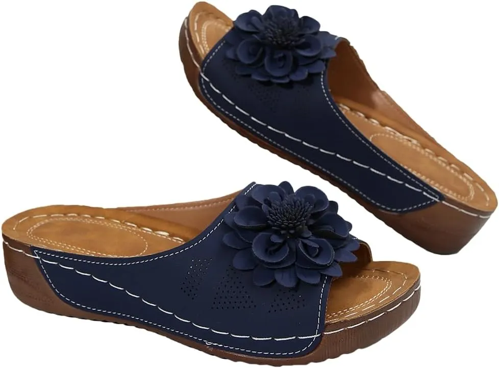 Womens Wedge Sandals 2025 Flower Summer Dressy Flat Open Toe Platform Shoes Casual Boho Slip on Beach Walking Sandals