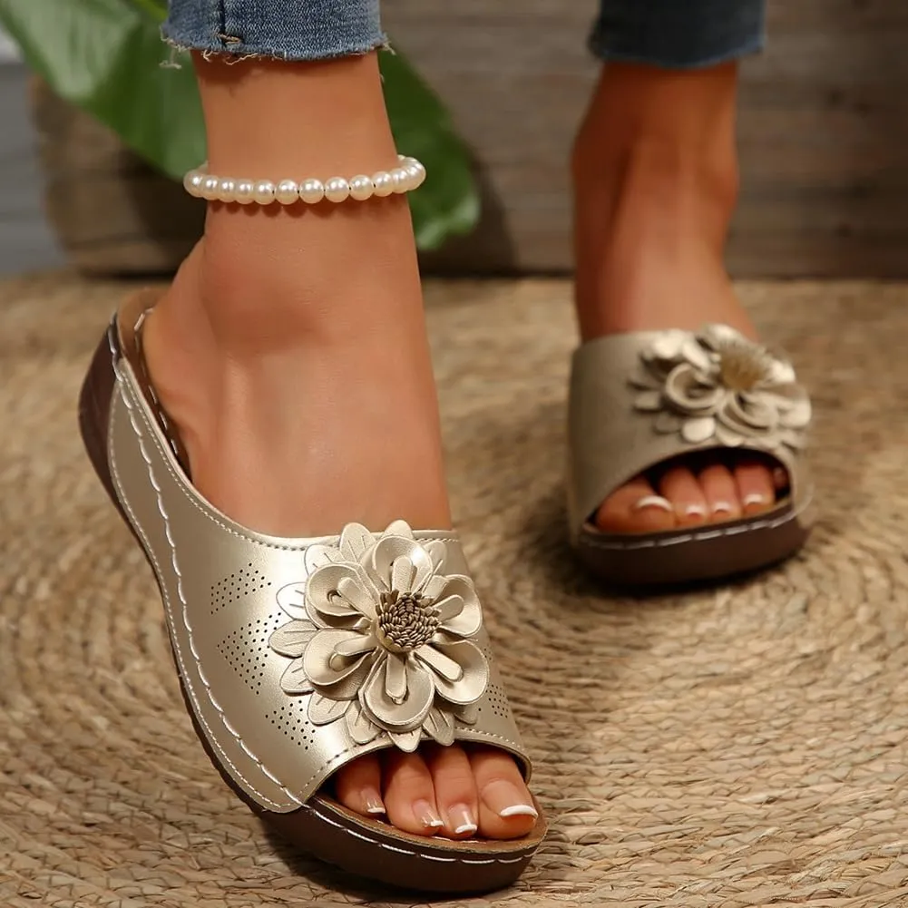 Womens Wedge Sandals 2025 Flower Summer Dressy Flat Open Toe Platform Shoes Casual Boho Slip on Beach Walking Sandals
