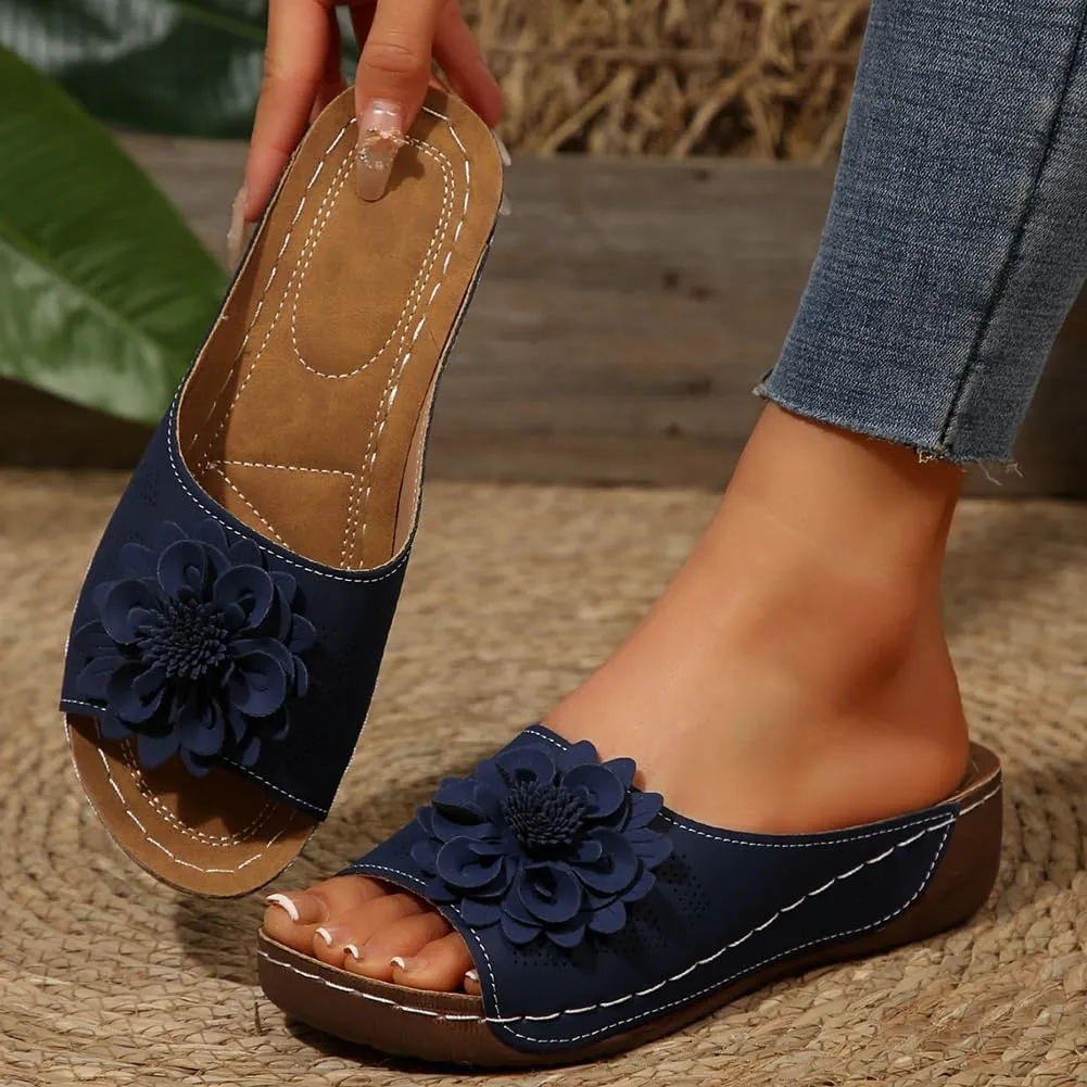 Womens Wedge Sandals 2025 Flower Summer Dressy Flat Open Toe Platform Shoes Casual Boho Slip on Beach Walking Sandals