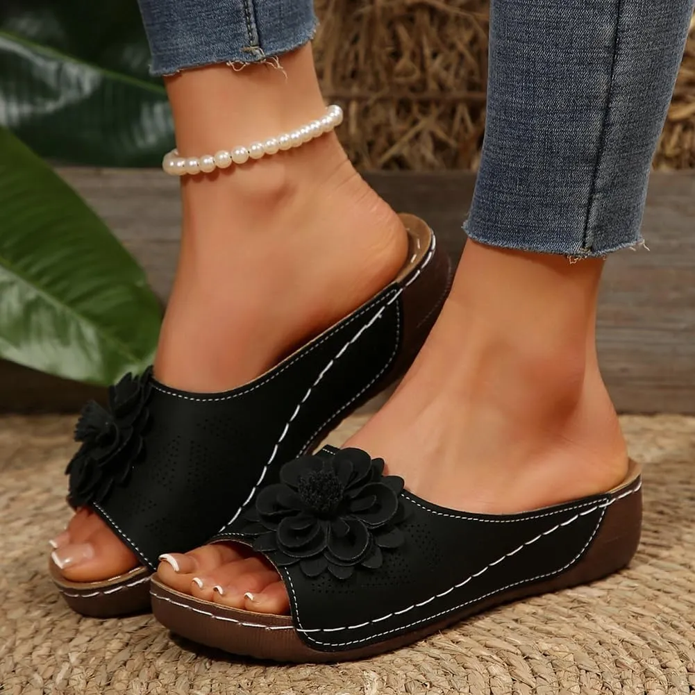 Womens Wedge Sandals 2025 Flower Summer Dressy Flat Open Toe Platform Shoes Casual Boho Slip on Beach Walking Sandals