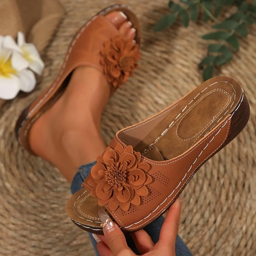 Womens Wedge Sandals 2025 Flower Summer Dressy Flat Open Toe Platform Shoes Casual Boho Slip on Beach Walking Sandals