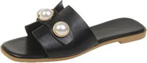 Women's White Flat Sandals with Pearl Open Toe Non-Slip Slippers Fashion Slides for Summer