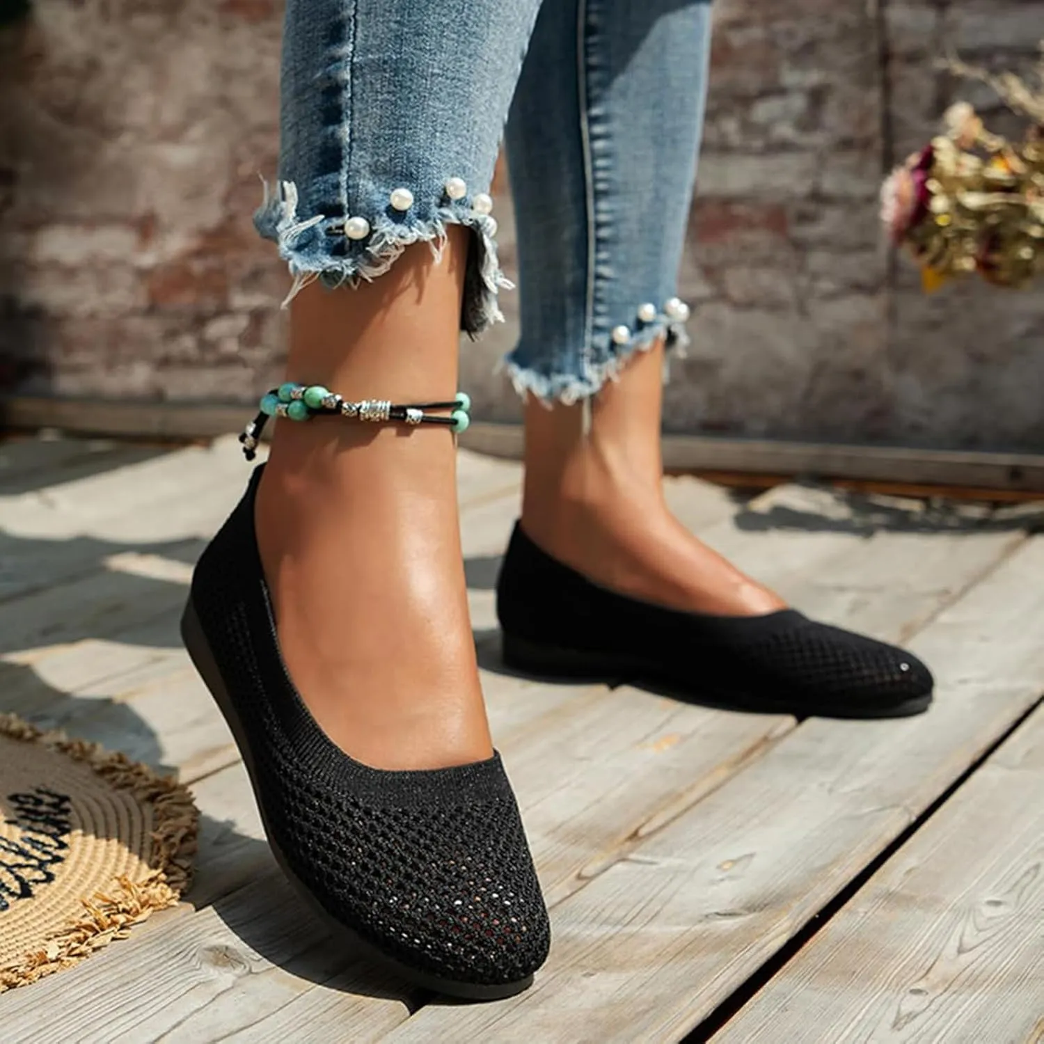Women's Wide Fit Ballet Flats - Round Toe Slip-On Knit Shoes with Arch Support, Breathable & Comfortable for Work, Formal Dressy Occasions