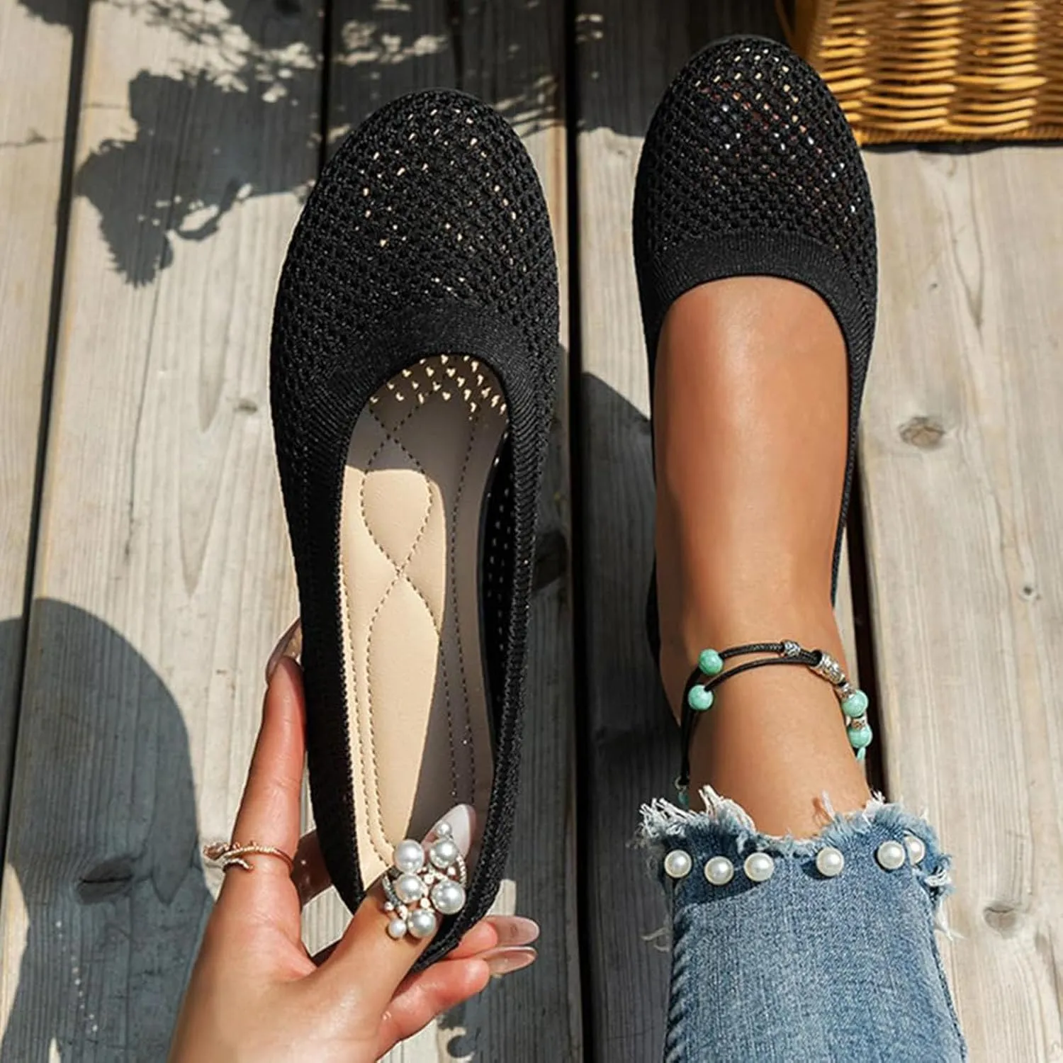 Women's Wide Fit Ballet Flats - Round Toe Slip-On Knit Shoes with Arch Support, Breathable & Comfortable for Work, Formal Dressy Occasions