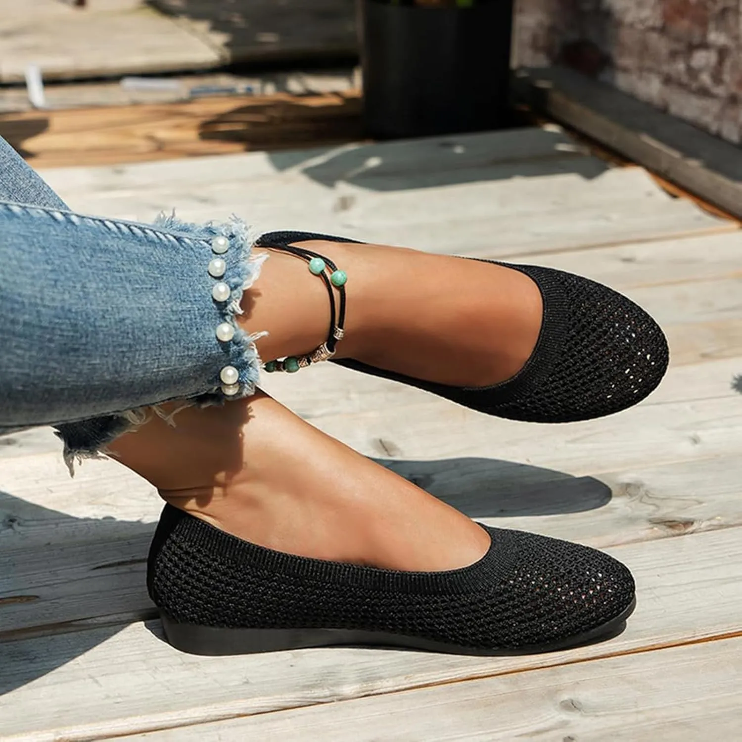Women's Wide Fit Ballet Flats - Round Toe Slip-On Knit Shoes with Arch Support, Breathable & Comfortable for Work, Formal Dressy Occasions