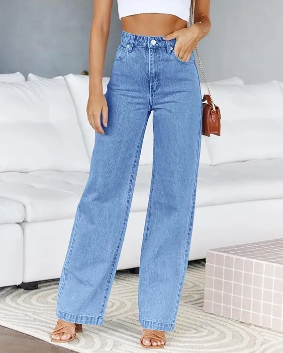 Women's Wide Leg Jeans Baggy High Waisted Casual Trendy Straight Stretch Loose Denim Pants Trouser with Pockets