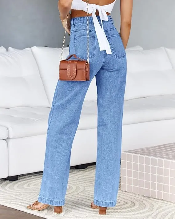 Women's Wide Leg Jeans Baggy High Waisted Casual Trendy Straight Stretch Loose Denim Pants Trouser with Pockets