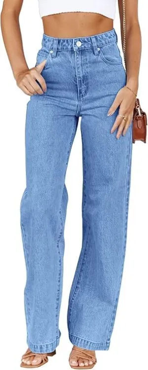 Women's Wide Leg Jeans Baggy High Waisted Casual Trendy Straight Stretch Loose Denim Pants Trouser with Pockets