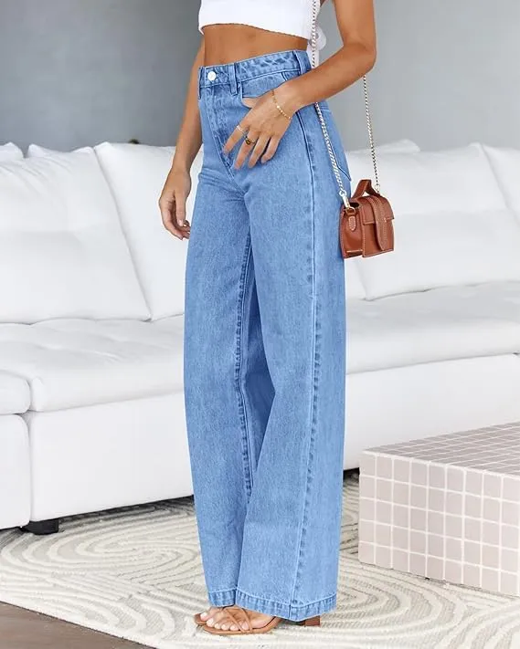 Women's Wide Leg Jeans Baggy High Waisted Casual Trendy Straight Stretch Loose Denim Pants Trouser with Pockets