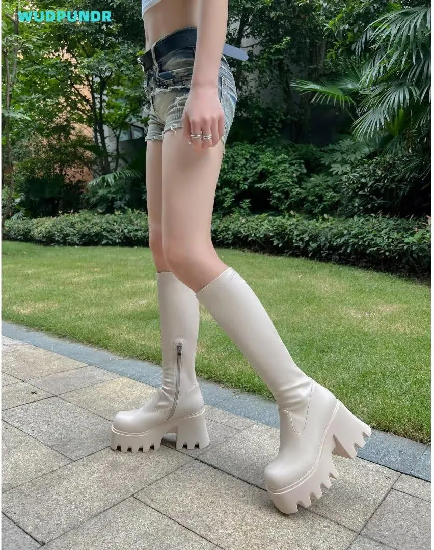 WUDPUNDR Mid Calf Platform Boots for Women Chunky Heel Round Toe High Heeled Knee Tall Boots