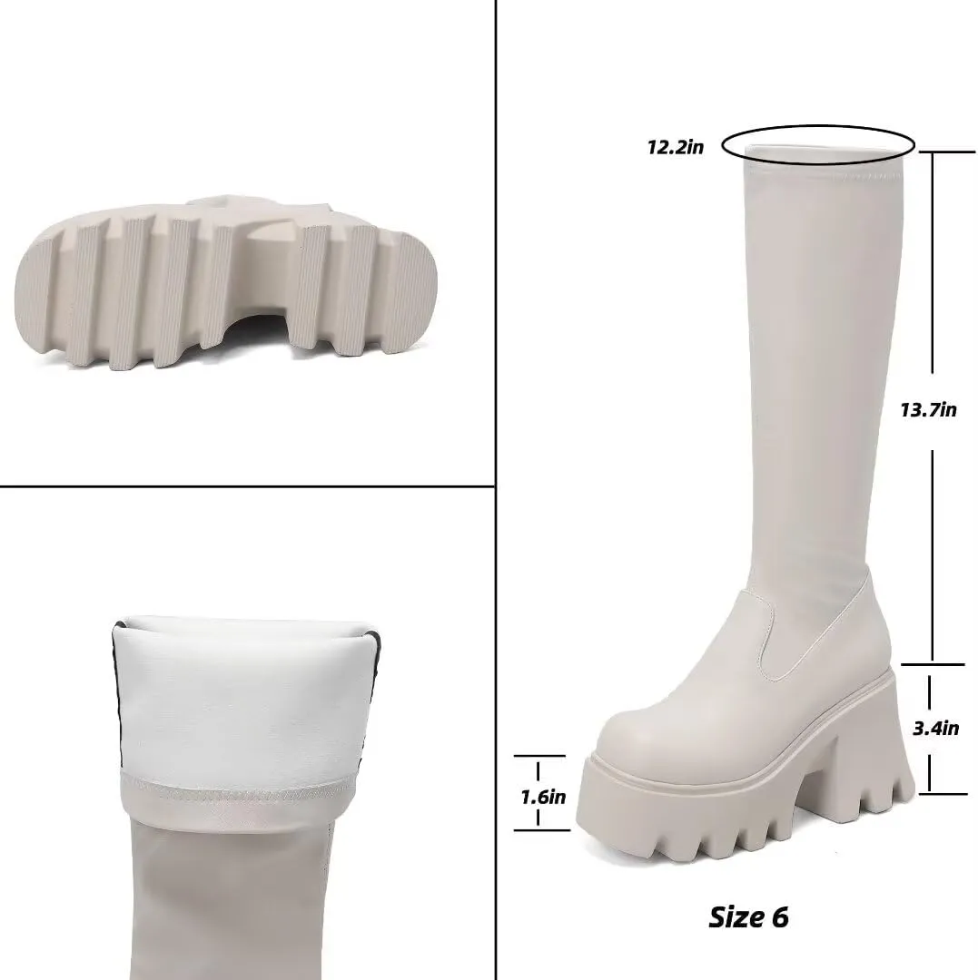 WUDPUNDR Mid Calf Platform Boots for Women Chunky Heel Round Toe High Heeled Knee Tall Boots