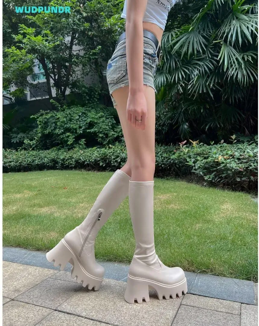 WUDPUNDR Mid Calf Platform Boots for Women Chunky Heel Round Toe High Heeled Knee Tall Boots
