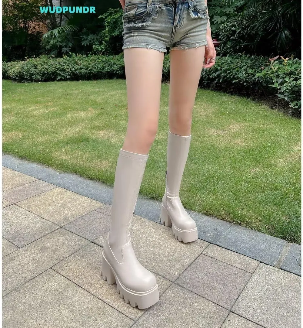 WUDPUNDR Mid Calf Platform Boots for Women Chunky Heel Round Toe High Heeled Knee Tall Boots