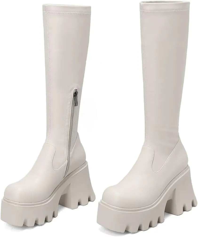 WUDPUNDR Mid Calf Platform Boots for Women Chunky Heel Round Toe High Heeled Knee Tall Boots