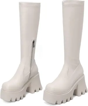 WUDPUNDR Mid Calf Platform Boots for Women Chunky Heel Round Toe High Heeled Knee Tall Boots