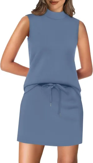XIEERDUO Two Piece Skirt Sets for Women Summer Beach Vacation Outfits Mock Neck Tops Tennis Skirt Lounge Matching Sets