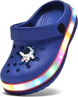 XPKWS Toddler Kids Clogs Boys Girls LED Garden Shoes Light up Sandals Slip on Quick Dry Beach Slippers (Dark Blue,29)
