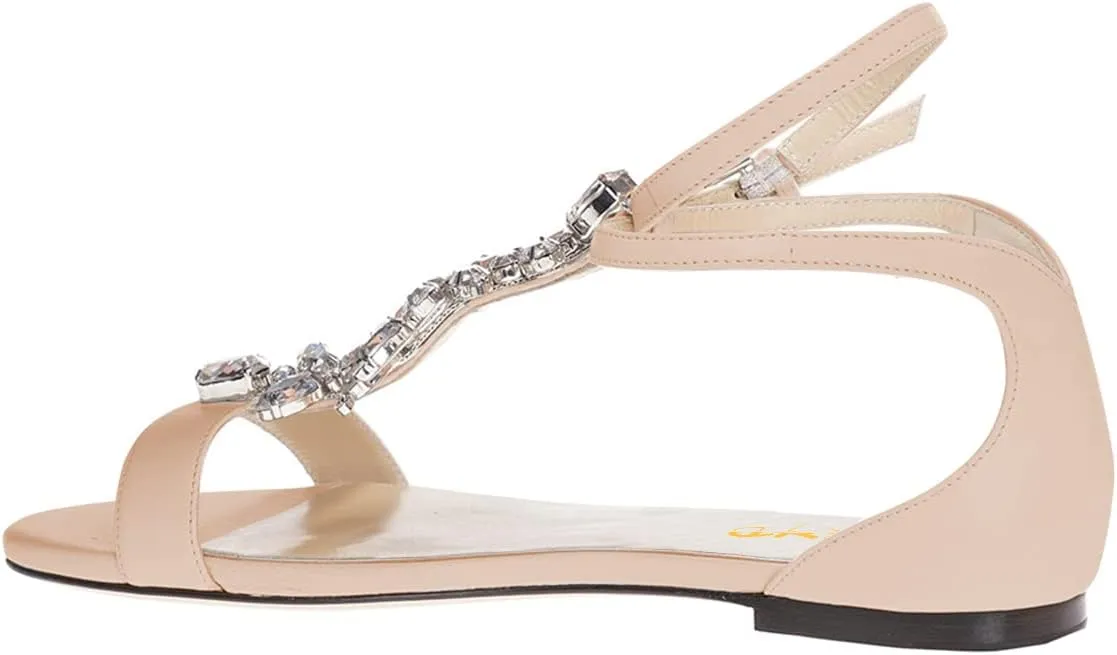 XYD Women Comfort Open Toe Rhinestone T-Strap Flat Sandals Ankle Strap Low Heel Easy Walking Shoes