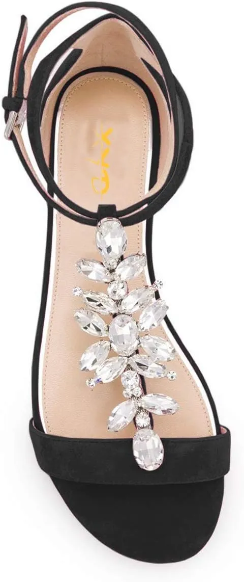 XYD Women Comfort Open Toe Rhinestone T-Strap Flat Sandals Ankle Strap Low Heel Easy Walking Shoes