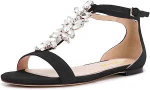 XYD Women Comfort Open Toe Rhinestone T-Strap Flat Sandals Ankle Strap Low Heel Easy Walking Shoes