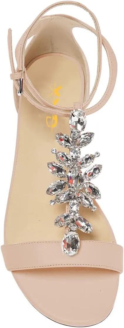 XYD Women Comfort Open Toe Rhinestone T-Strap Flat Sandals Ankle Strap Low Heel Easy Walking Shoes