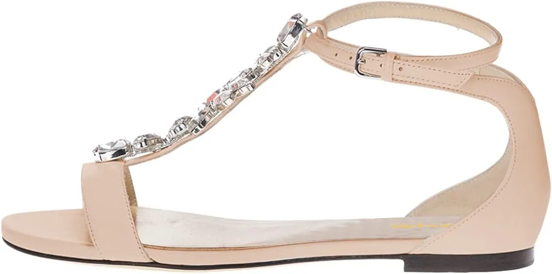 XYD Women Comfort Open Toe Rhinestone T-Strap Flat Sandals Ankle Strap Low Heel Easy Walking Shoes