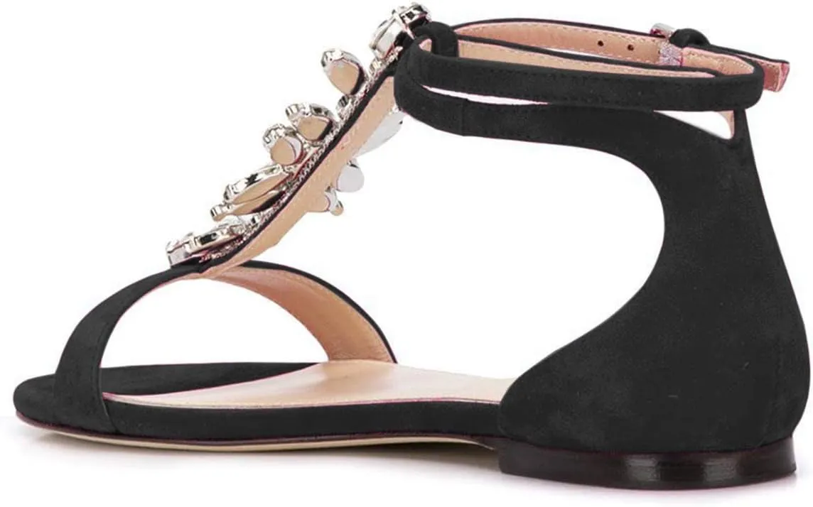 XYD Women Comfort Open Toe Rhinestone T-Strap Flat Sandals Ankle Strap Low Heel Easy Walking Shoes