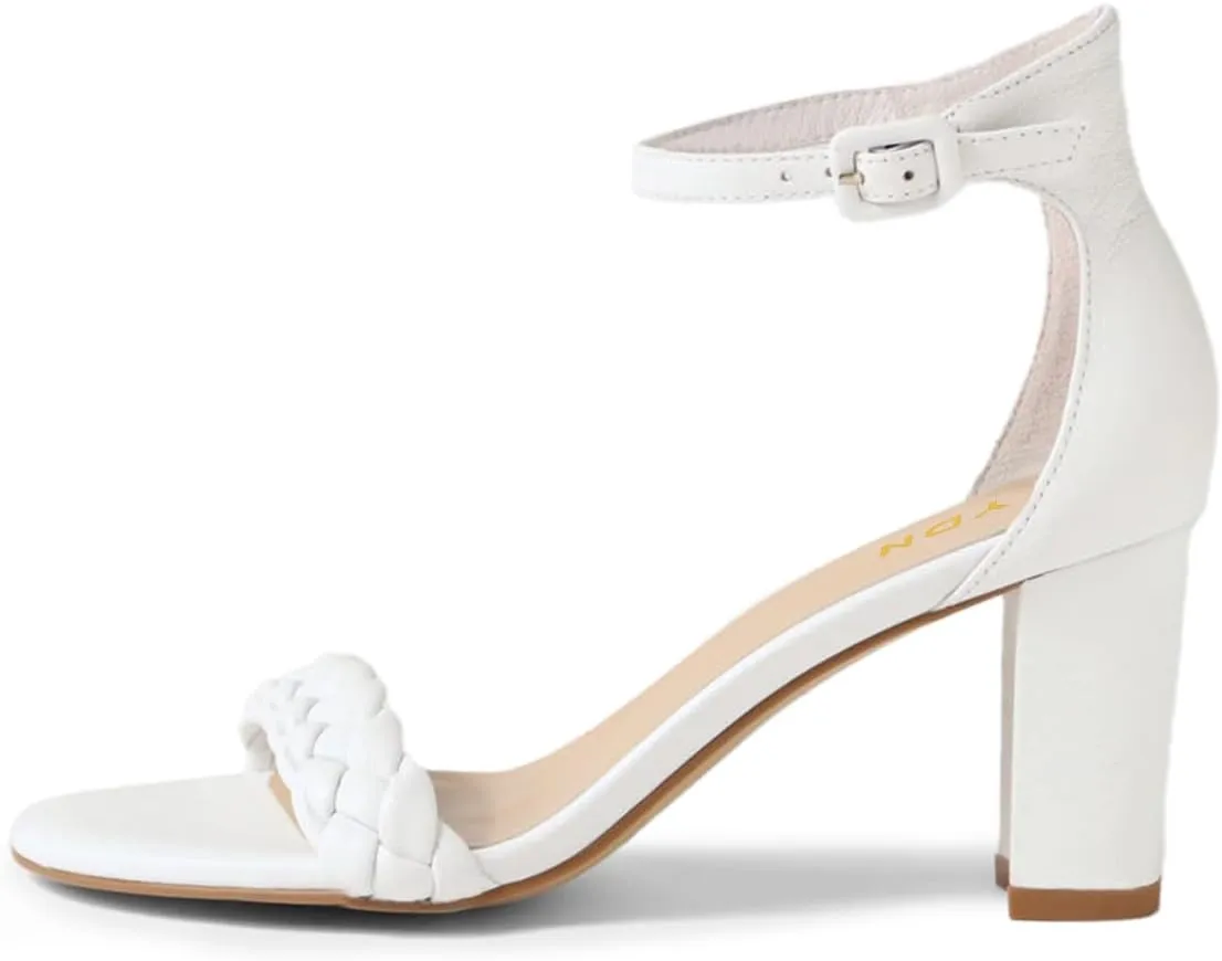 YDN Women Braided Straps Open Round Toe Sandals Easy Buckle Strap Chunky High Heels Shoes for Bridal Event Outfit Size 4-16 US