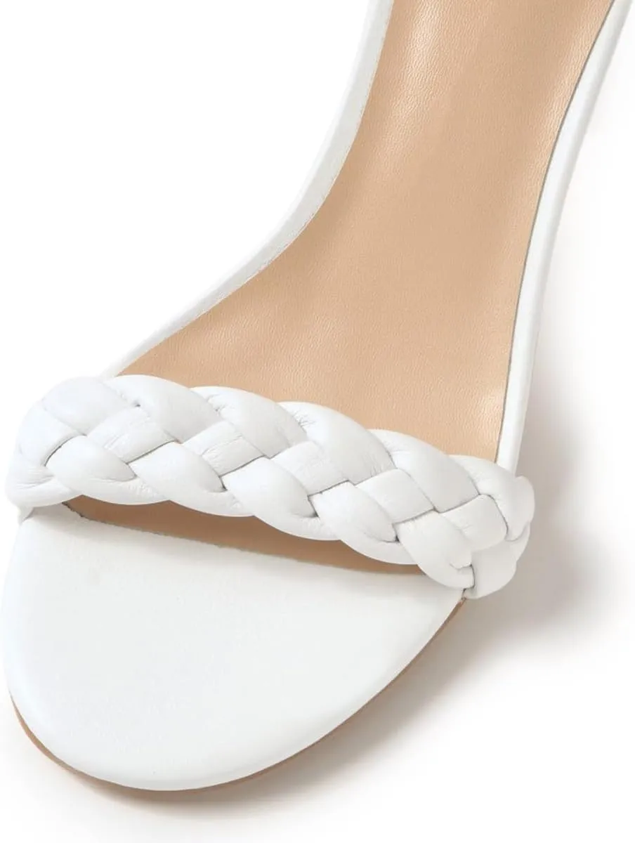 YDN Women Braided Straps Open Round Toe Sandals Easy Buckle Strap Chunky High Heels Shoes for Bridal Event Outfit Size 4-16 US