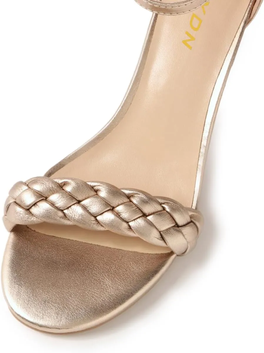YDN Women Braided Straps Open Round Toe Sandals Easy Buckle Strap Chunky High Heels Shoes for Bridal Event Outfit Size 4-16 US