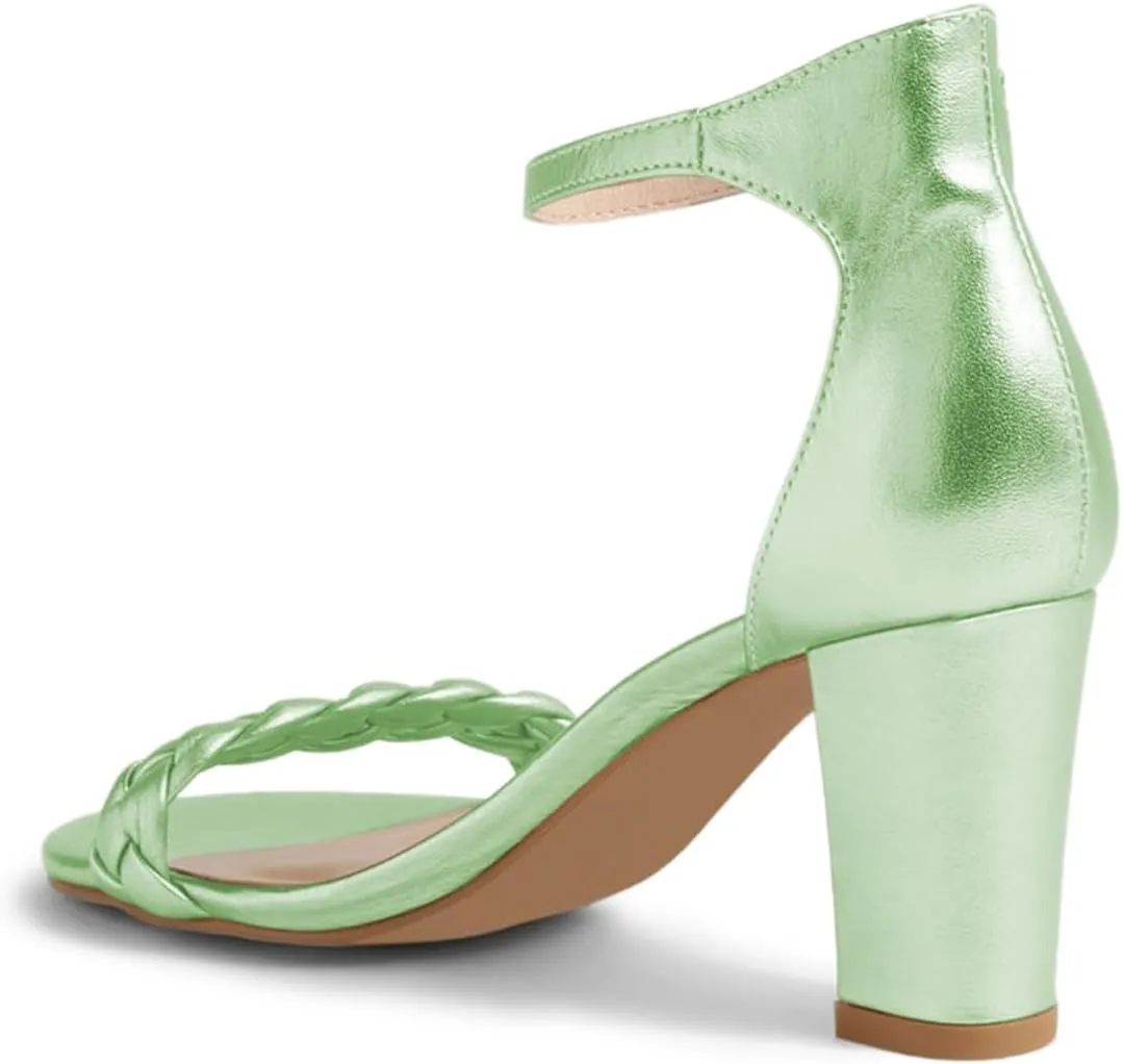YDN Women Braided Straps Open Round Toe Sandals Easy Buckle Strap Chunky High Heels Shoes for Bridal Event Outfit Size 4-16 US