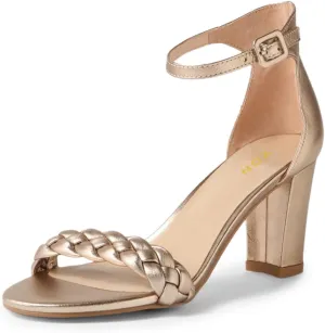 YDN Women Braided Straps Open Round Toe Sandals Easy Buckle Strap Chunky High Heels Shoes for Bridal Event Outfit Size 4-16 US