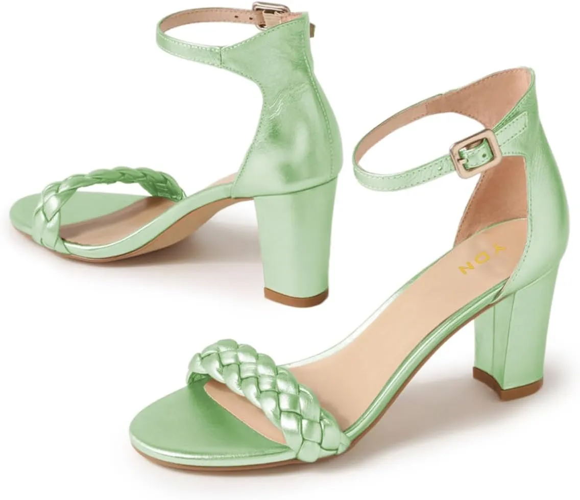 YDN Women Braided Straps Open Round Toe Sandals Easy Buckle Strap Chunky High Heels Shoes for Bridal Event Outfit Size 4-16 US