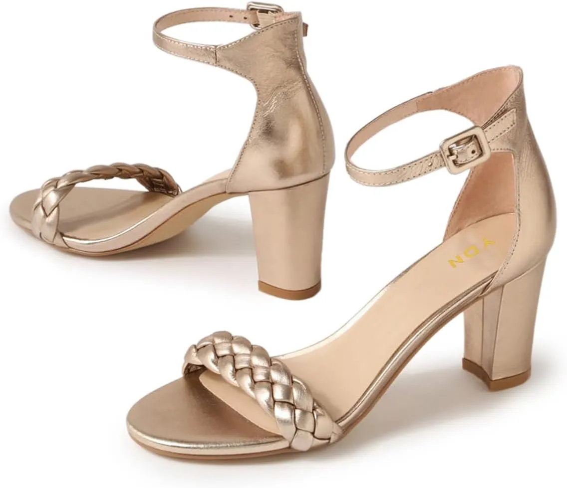 YDN Women Braided Straps Open Round Toe Sandals Easy Buckle Strap Chunky High Heels Shoes for Bridal Event Outfit Size 4-16 US