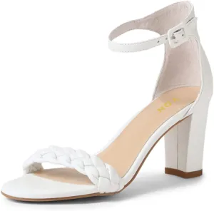 YDN Women Braided Straps Open Round Toe Sandals Easy Buckle Strap Chunky High Heels Shoes for Bridal Event Outfit Size 4-16 US