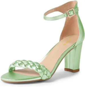 YDN Women Braided Straps Open Round Toe Sandals Easy Buckle Strap Chunky High Heels Shoes for Bridal Event Outfit Size 4-16 US