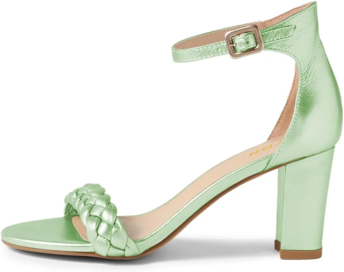 YDN Women Braided Straps Open Round Toe Sandals Easy Buckle Strap Chunky High Heels Shoes for Bridal Event Outfit Size 4-16 US