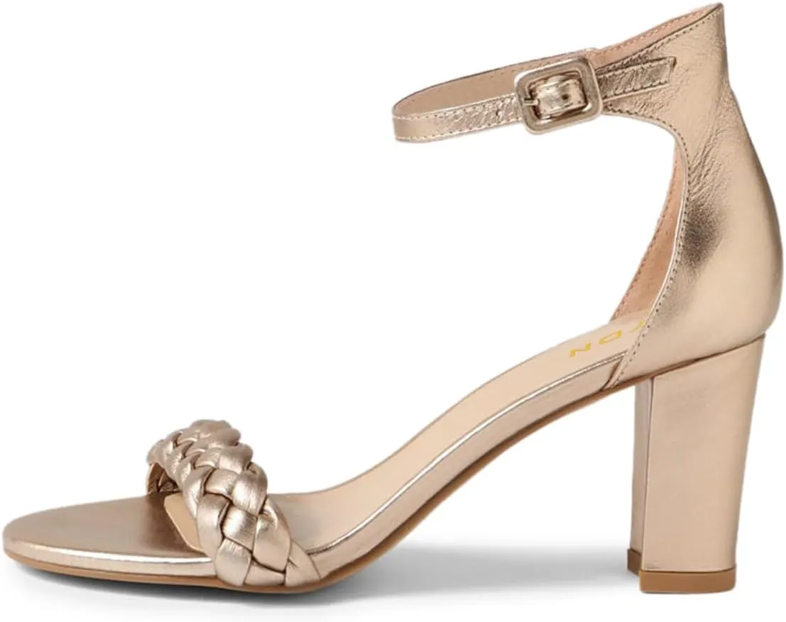 YDN Women Braided Straps Open Round Toe Sandals Easy Buckle Strap Chunky High Heels Shoes for Bridal Event Outfit Size 4-16 US