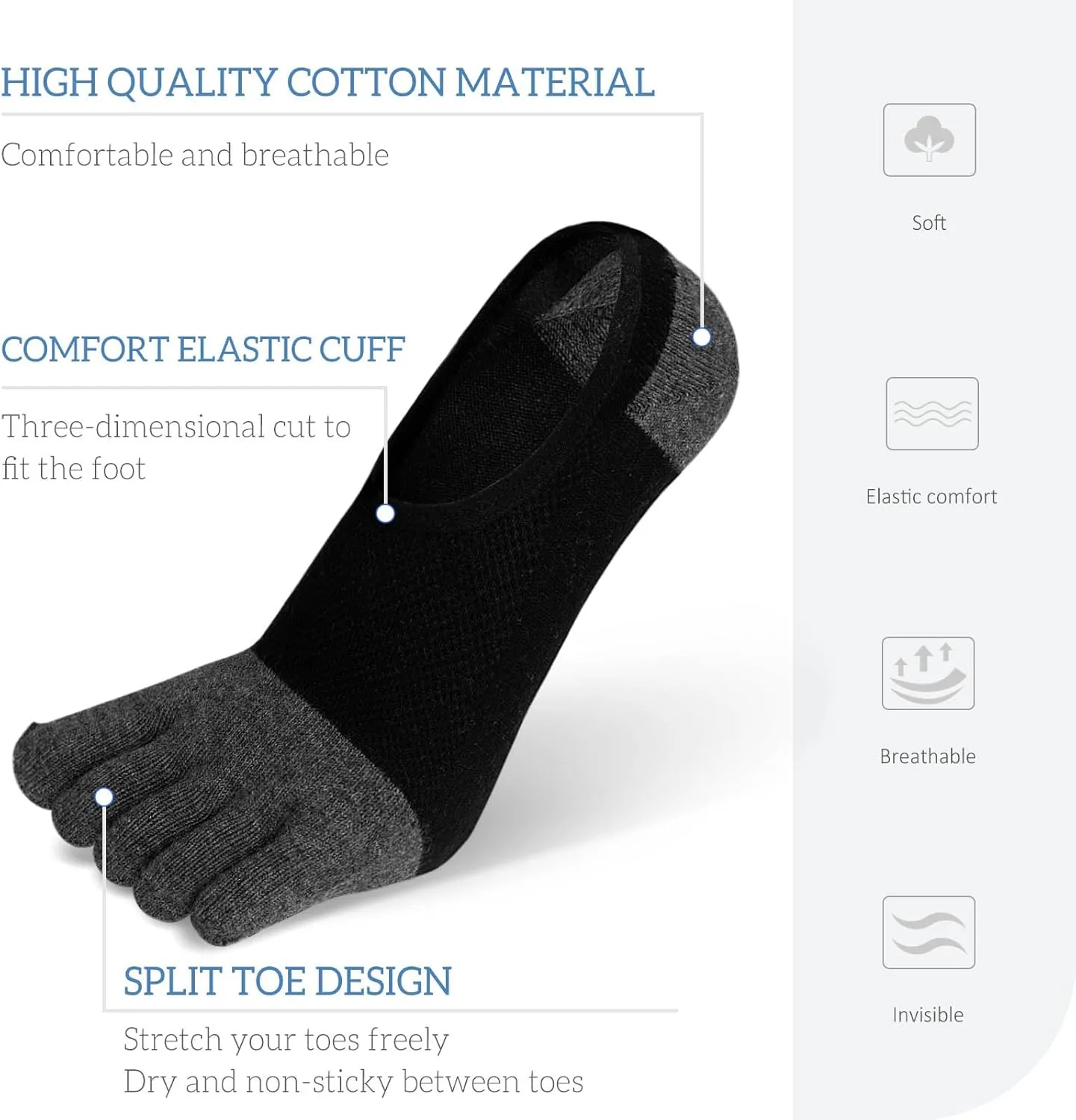 ZAKASA No-Show Toe Socks Men: Five Finger Socks Invisible Liner Low Cut for Running Loafers Athletic Shoes