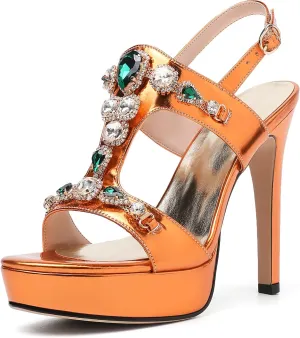 Zamikoo Heeled Sandals for women Platform Rhinestone High Heel Open Toe Stiletto Slingback Sandals Ankle Strap Dress Shoes for Wedding Party Event Evening