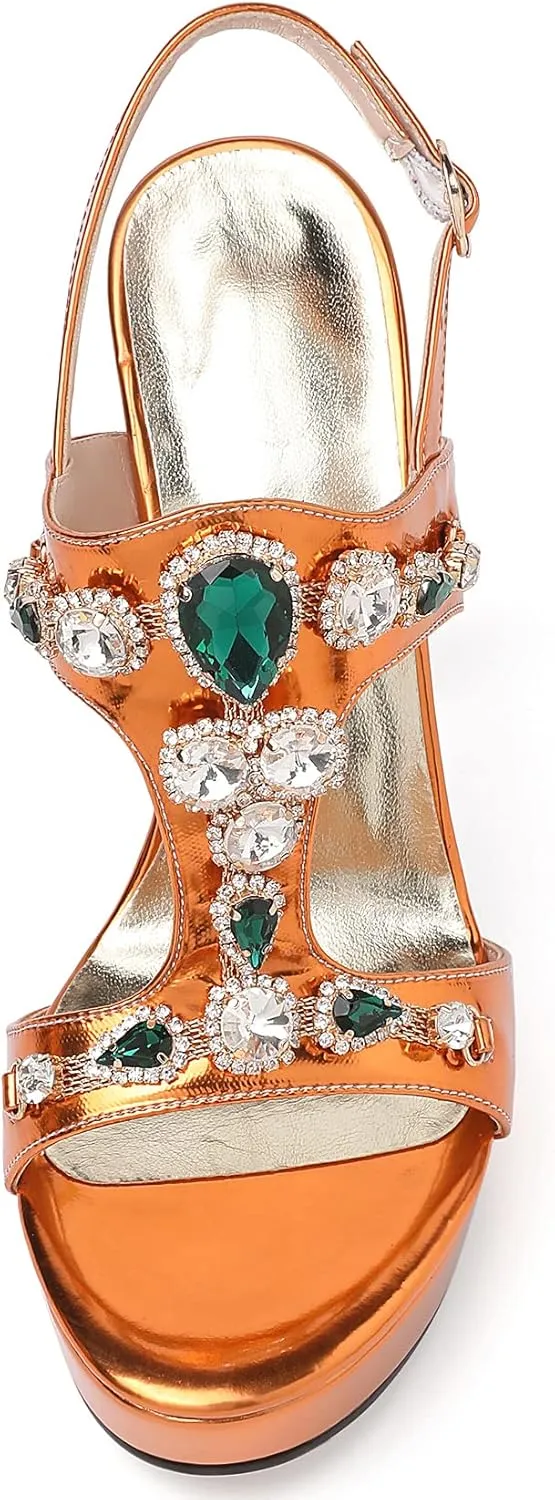 Zamikoo Heeled Sandals for women Platform Rhinestone High Heel Open Toe Stiletto Slingback Sandals Ankle Strap Dress Shoes for Wedding Party Event Evening