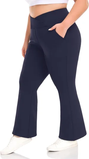 ZERDOCEAN Women's Plus Size Fleece Lined Flare Leggings Crossover High Waist Winter Thermal Bootcut Pants Bell Bottoms