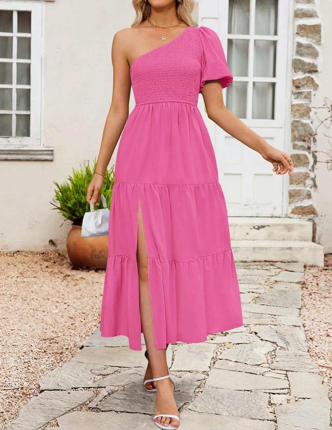 ZESICA Women's Boho Summer One Shoulder Short Sleeve Smocked Side Split Ruffle Swing Midi Dress